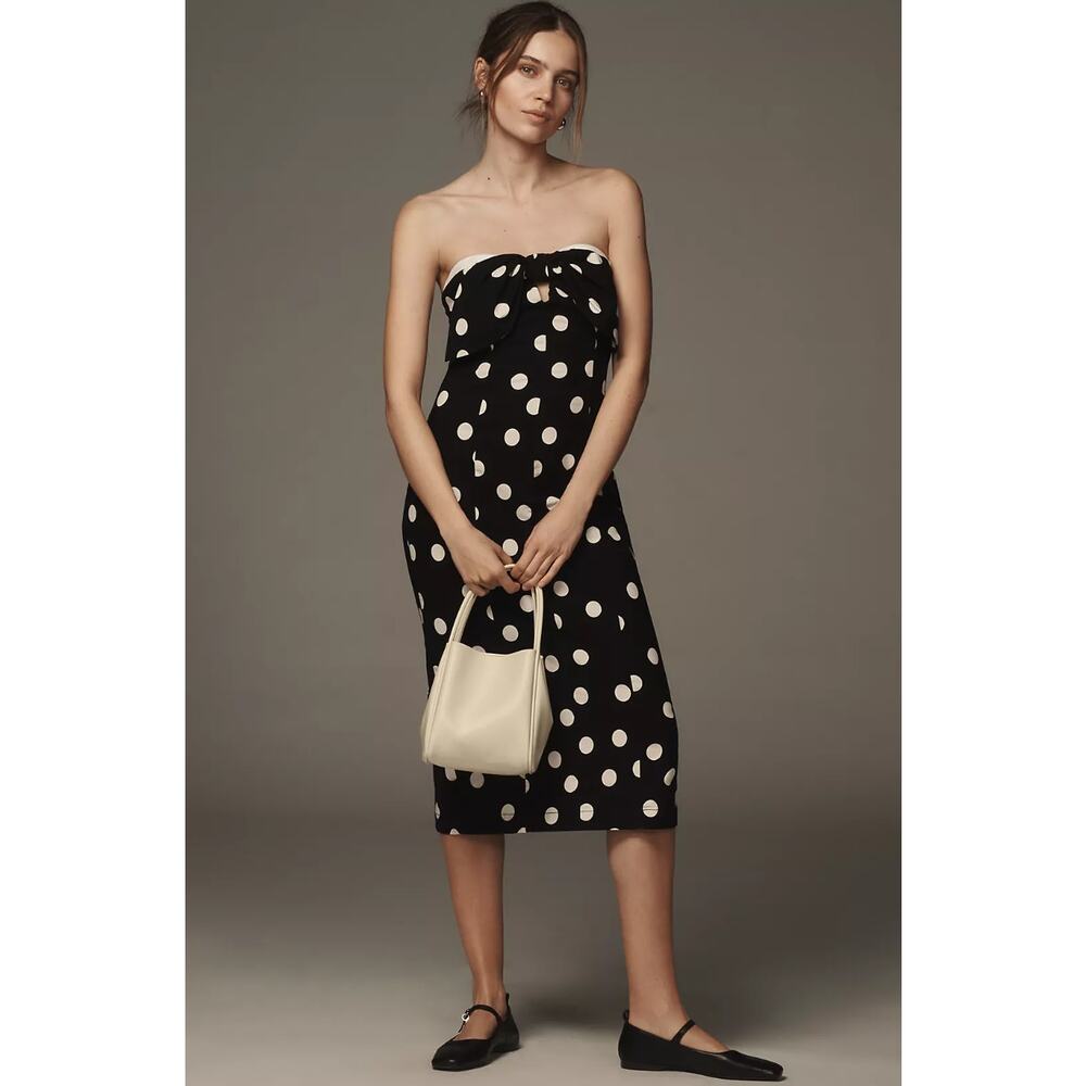By Anthropologie Strapless Bow-Front Midi Dress Black White Polka Dot L NWT $168